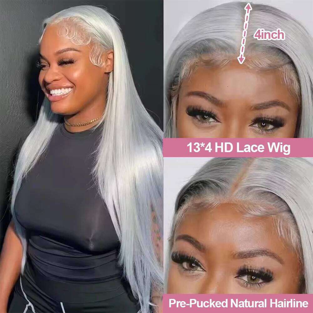 30 40Inch Sier Grey Human Hair Wigs 13x6 Frontal Brazilian Bone Straight Transparent HD 13x4 Lace Front Wig For Women