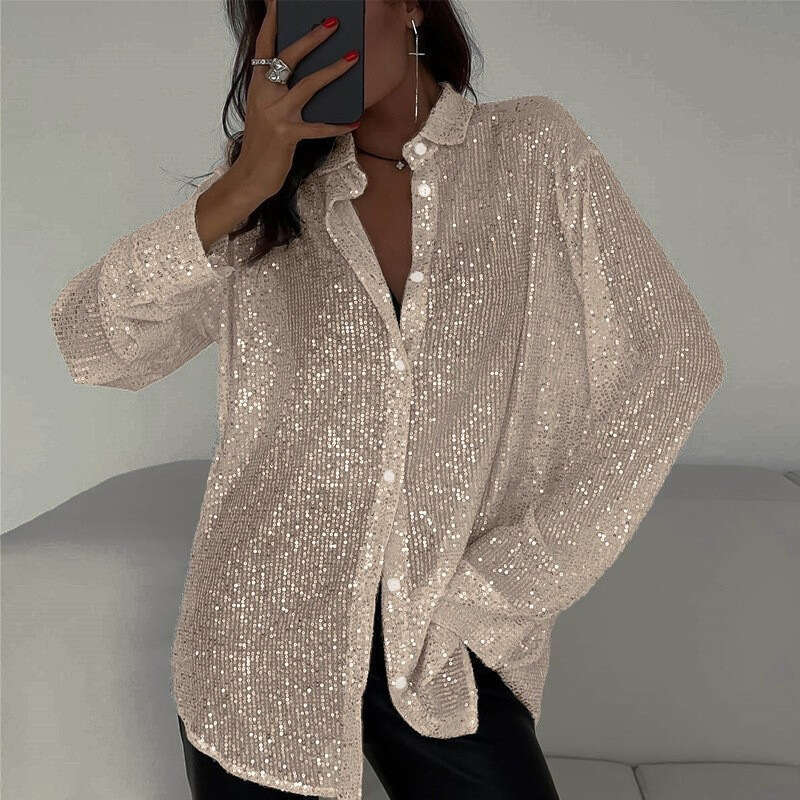 Spring Summer New Sequin Top Turn-Down Collar Long Sleeve Cardigan Basic Women's Shirt Jacket B5
