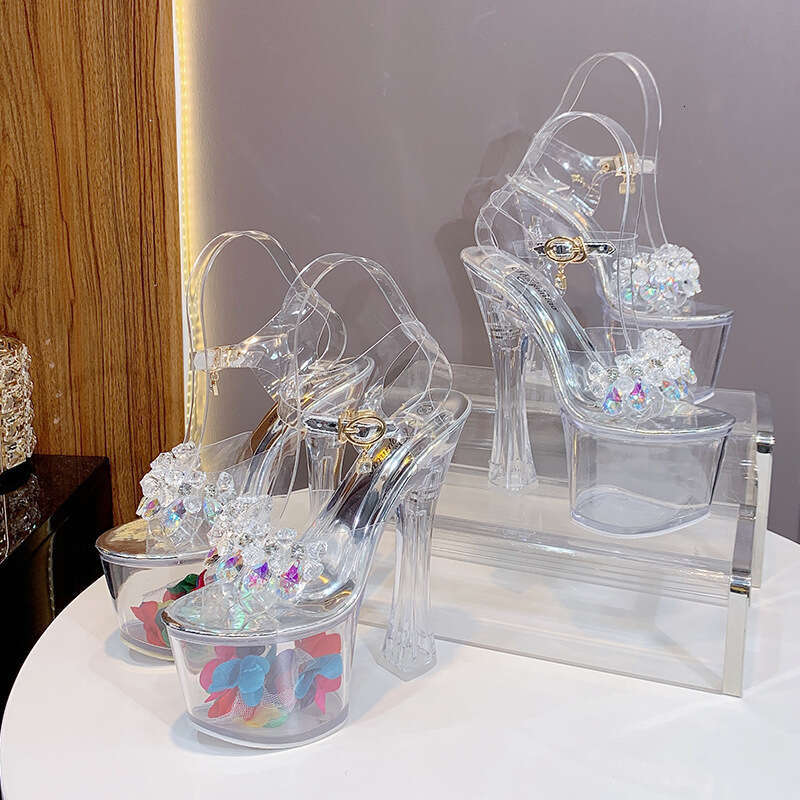 Glass Rhinestone Women Summer Transparent Waterproof Platform Thick Sole Sexy Versatile Super High Heels Sandals Crystal Wedding Shoes Platform High H