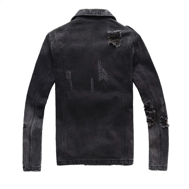 Harajuku Mens Denim Jacket Zipper Adjustable Belted Punk Style Slim Fit Cowboy Coat Casual Vintage Moto Biker Hole Ripped Jacket 250529
