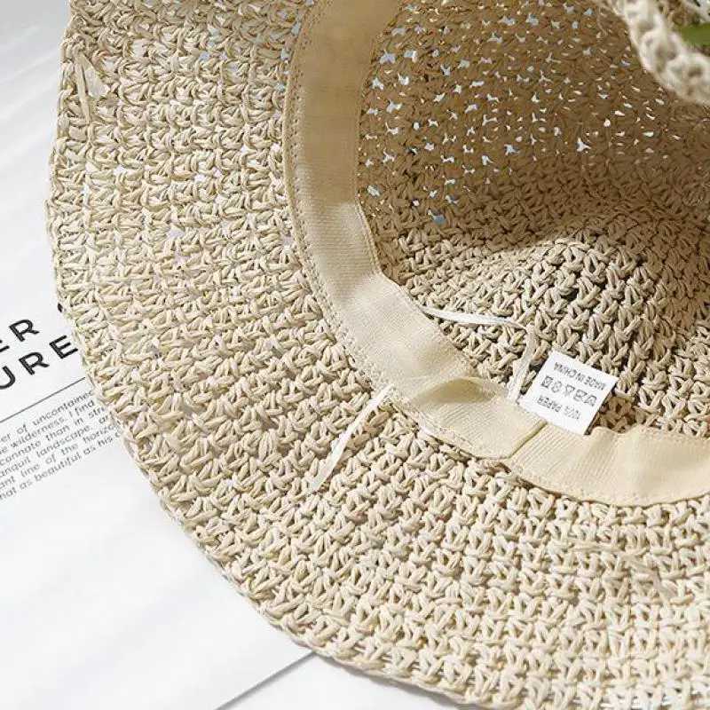 Summer Hats For Women Handmade Beads Chain Flower Straw Sun Hat Lady Big Brim Sunscreen Holiday Beach Accessories Foldable New W250602