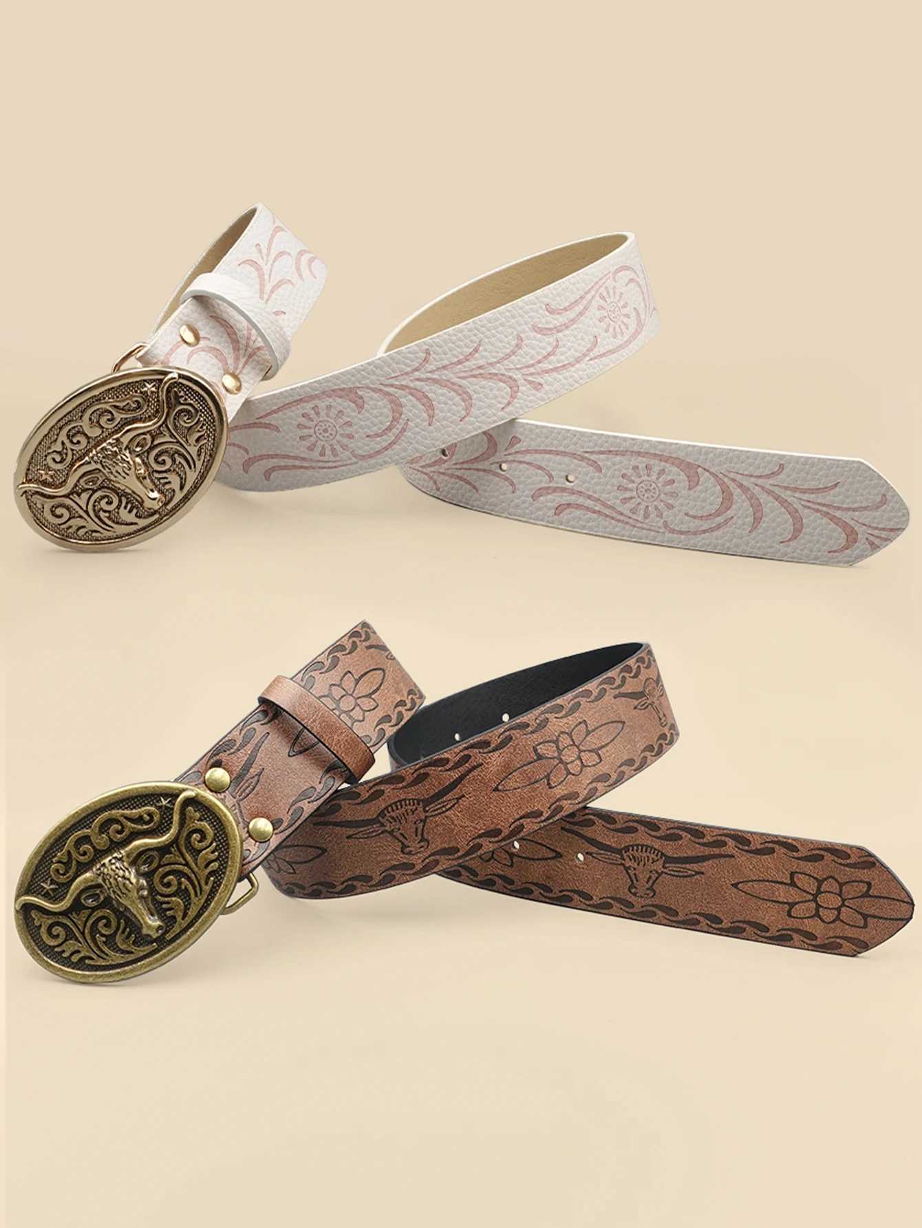 Western Cowboy Style Vintage Casual Belt - Ox Head Carved Buckle Bohemian Print Perfect for Daily Commute Dating Outfits XJ250602