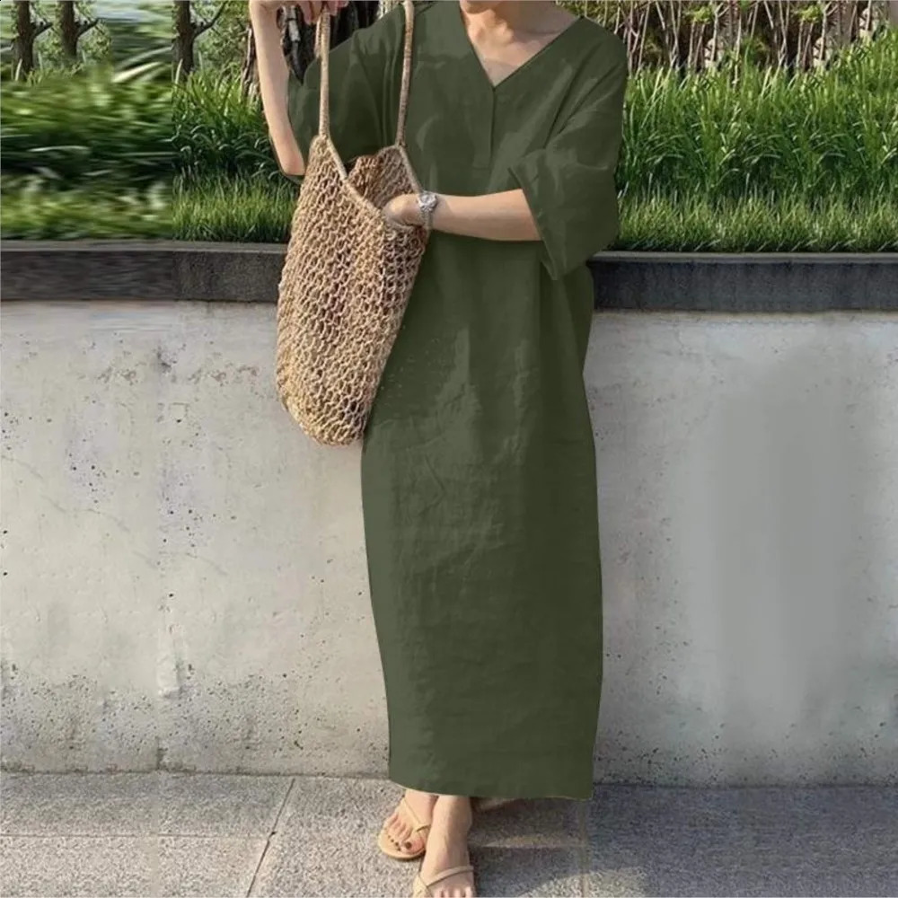 Cotton And Linen Dress For Women Summer Short Sleeve V-neck Solid Color Casual Loose Long Dress Elegant Womens Clothing 250529
