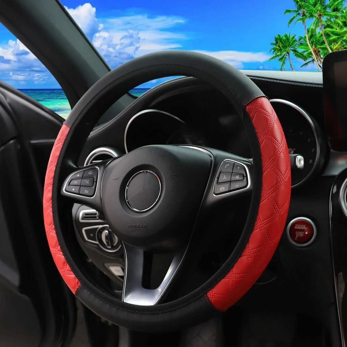 Simple PU leather black red color matching four seasons general elastic car steering wheel cover for 14.5-15 inches for women R250603