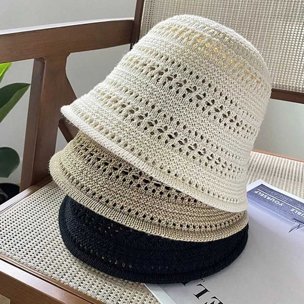 Women Bucket Hat Summer Hollow Out Knitted Sun Protection Cap Beach Panama Cap Fisherman Cap Breathable Sun Hat Straw Hat Travel W250602
