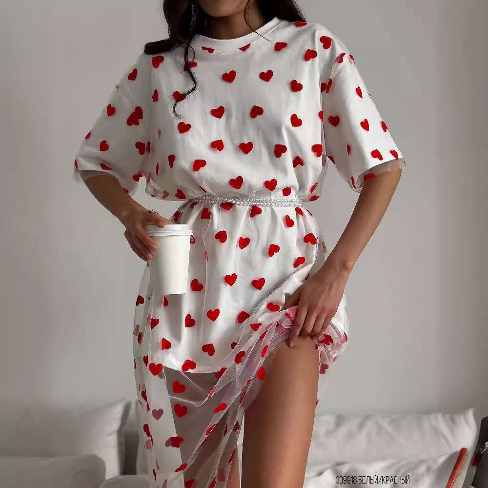 Hot Selling Heart Print Mesh Patchwork Solid Color For Women Spring Summer Breathable Thin Sexy Long Dress B5
