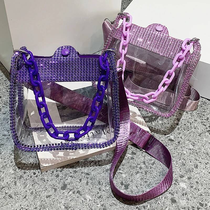 2025 New Transparent Slanted Shoulder Bag with Water Diamond Thick Chain Designer Women's Small Wallet and Handbag Fashion Jelly Summer Beach Han
