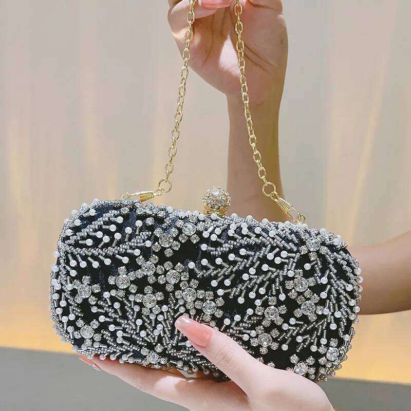 Party Shiny Handmade Bag Dazzling Flower Women Crystal Pearl Clutch Evening Bags Hollow Out Wedding Shoulder Handbag And Purse