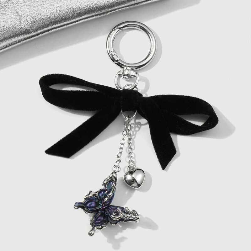 Phone Charm Strap Y2K Keychain Kawaii-Cute Pendant Jewelry Keyring Lanyard String Black Cross-Bow Beaded Chain for Women Girl XJ250602