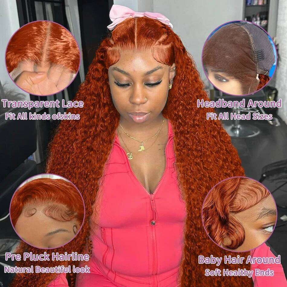 YKB 30 40 Inch 350 Ginger Kinky Curly 13x6 HD Lace Front Human Hair Wigs Orange Colored Deep Wave 13x4 Frontal Wig For Women