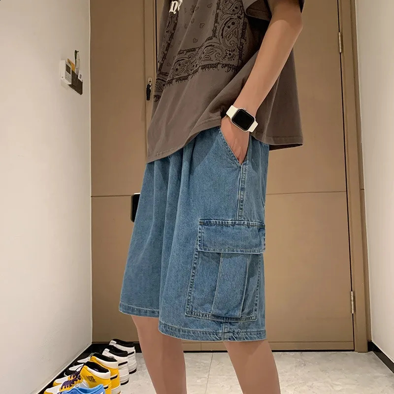Summer Retro Blue Cargo Port Loose Big Pocket Thin Fashion Washed Five Point Casual High Waist Shorts Denim 250529Z