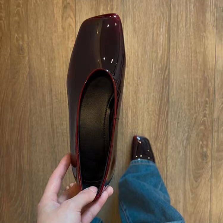 New Style British Versatile Lazy Slip-On Low Heel Square Toe Shiny Fashion Grandma Shoes for Women