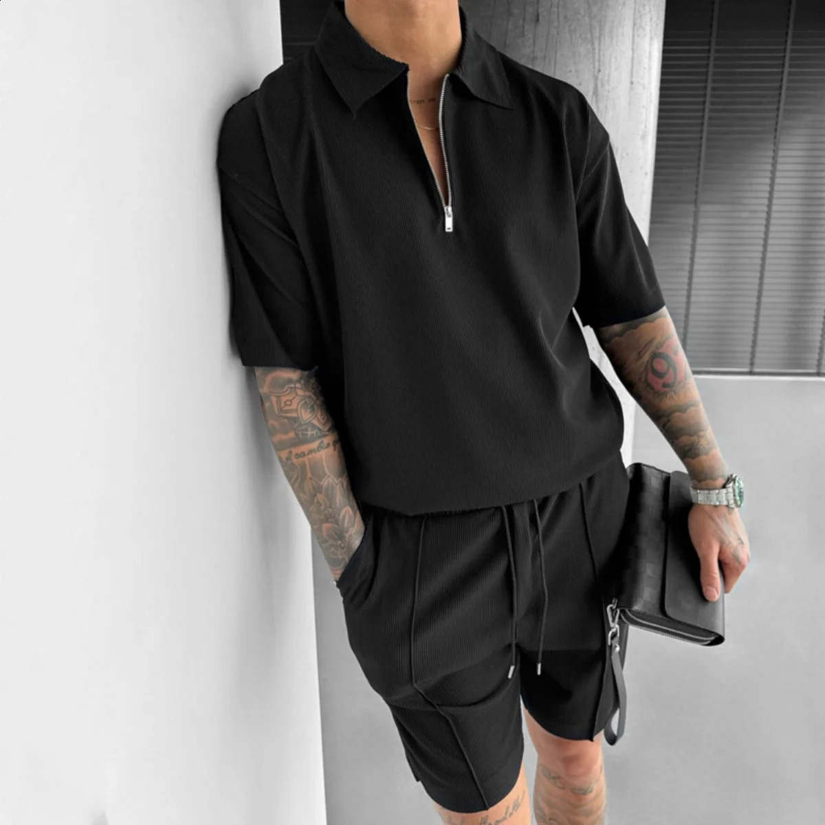 2025 summer mens zipper polo casual shortsleeved drawstring shorts suit solid color sports fashion 250530