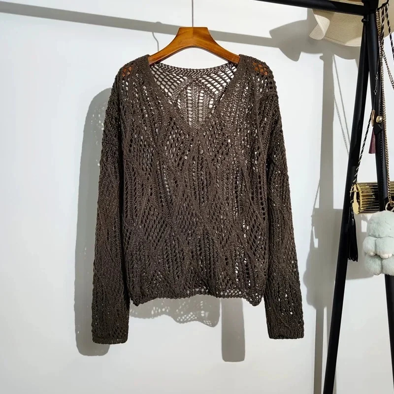 Pullovers Women Pointelle Knit Top Long Sleeve Semi-Sheer Sweater Jumper Spring Summer Fairycore Outfit 250603