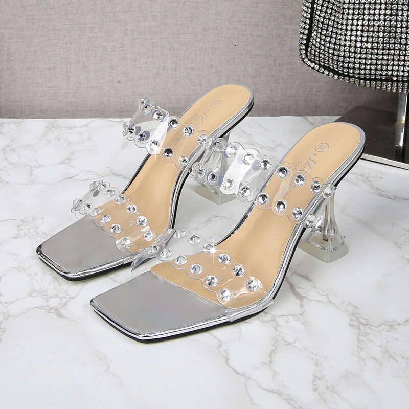 Super High Heels Wine Glass And Rhinestone Thin High Heels Square Toe One Strap Fairy Style Fashion Crystal Stiletto Slippers Platform High Heels