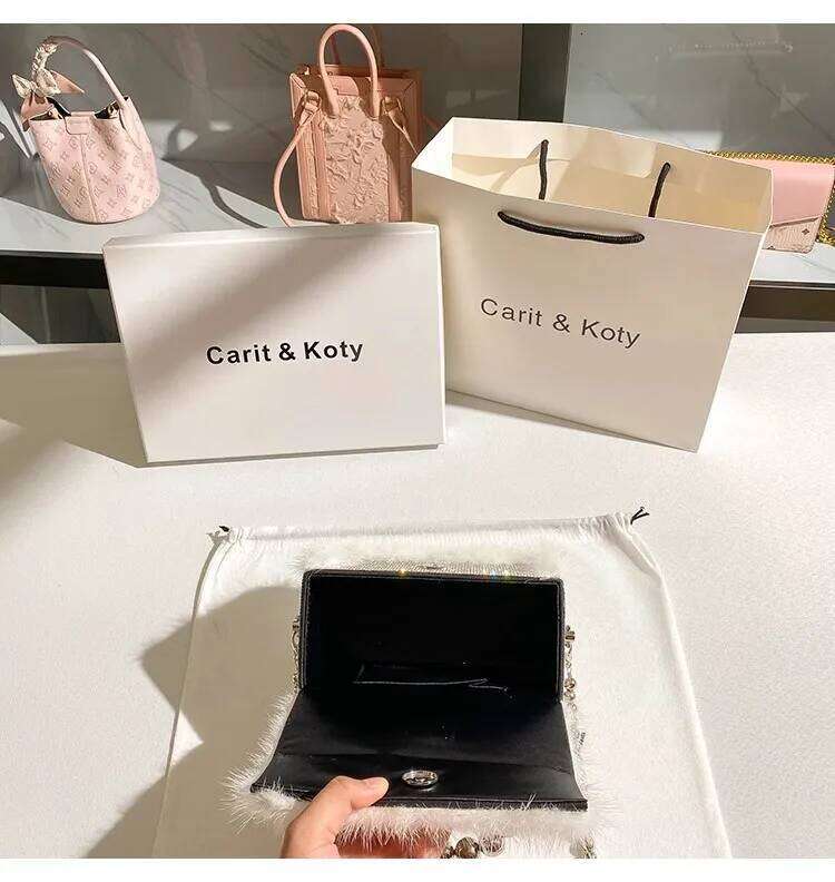 Autumn Mink Hair Square Glitter Shiny Dias Evening Wedding Party Clutch Purse Women's Handbag Shoulder Crossbody Bag