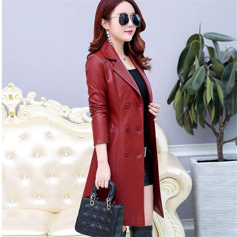 2023 Autumn Real Coat women's Femme Casual Long Slim Street Fashion Sheep Leather Women Windbreaker Jacket Female 5X