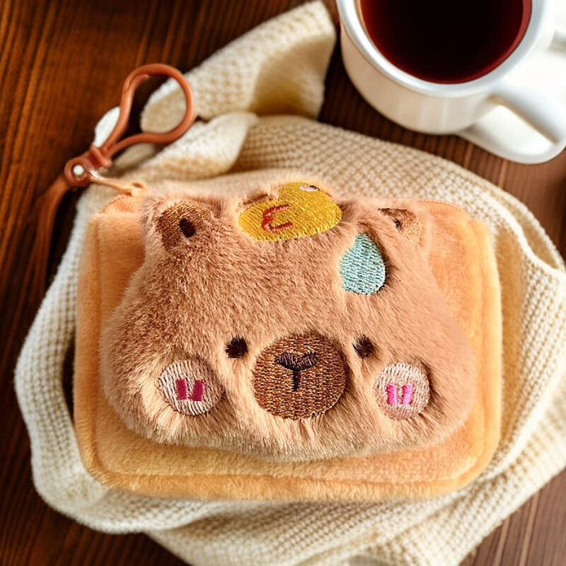 Cute Capybara Square Plush Coin Purse Mini Bag Storage Card Holder Round Shockproof Bluetooth Earphone Case