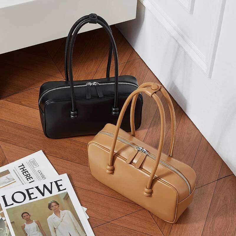 Burminsa Cowhide Genuine Leather Underarm Shoulder Bags For Women 2025 Designer Work Satchel Bowling Tote Ladies Handbags