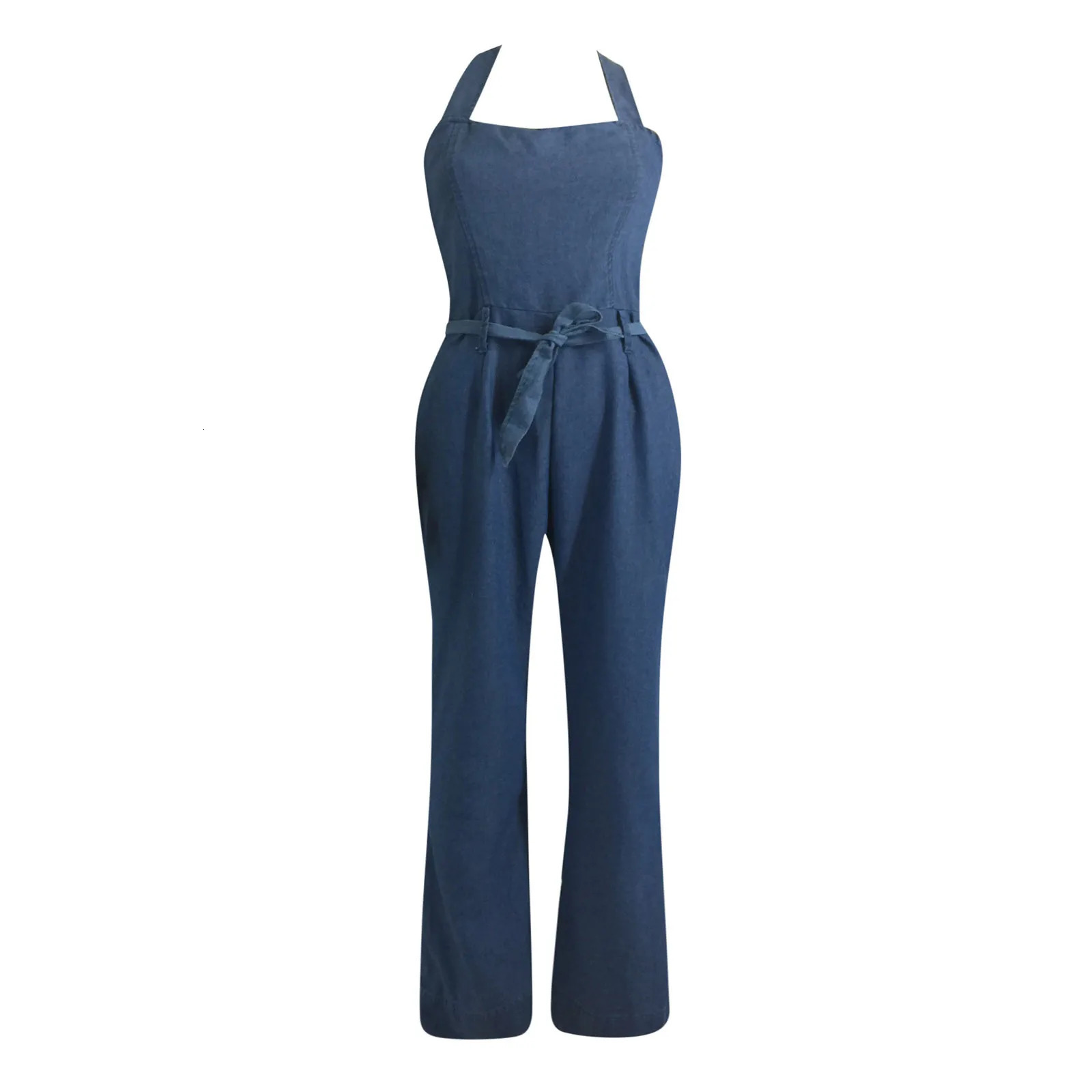 Womens Slim Fit Halter Sleeveless Casual Denim Jumpsuit Elegant Women Bodycone Playsuit With Belt Fashion Skinny Flare Pants 250603