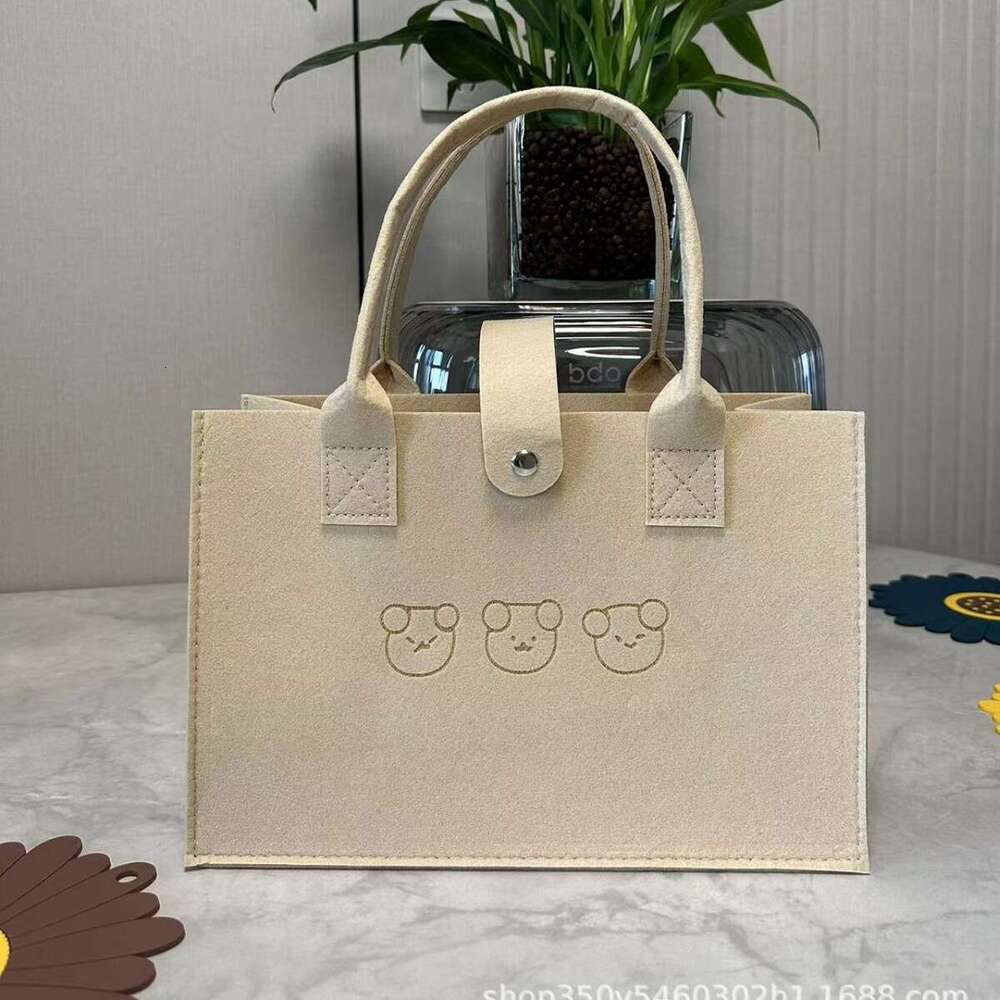 Trendy New Bear Felt Tote Simple Cute Cartoon Handbag Large Capacity Solid Color Shopping Bag