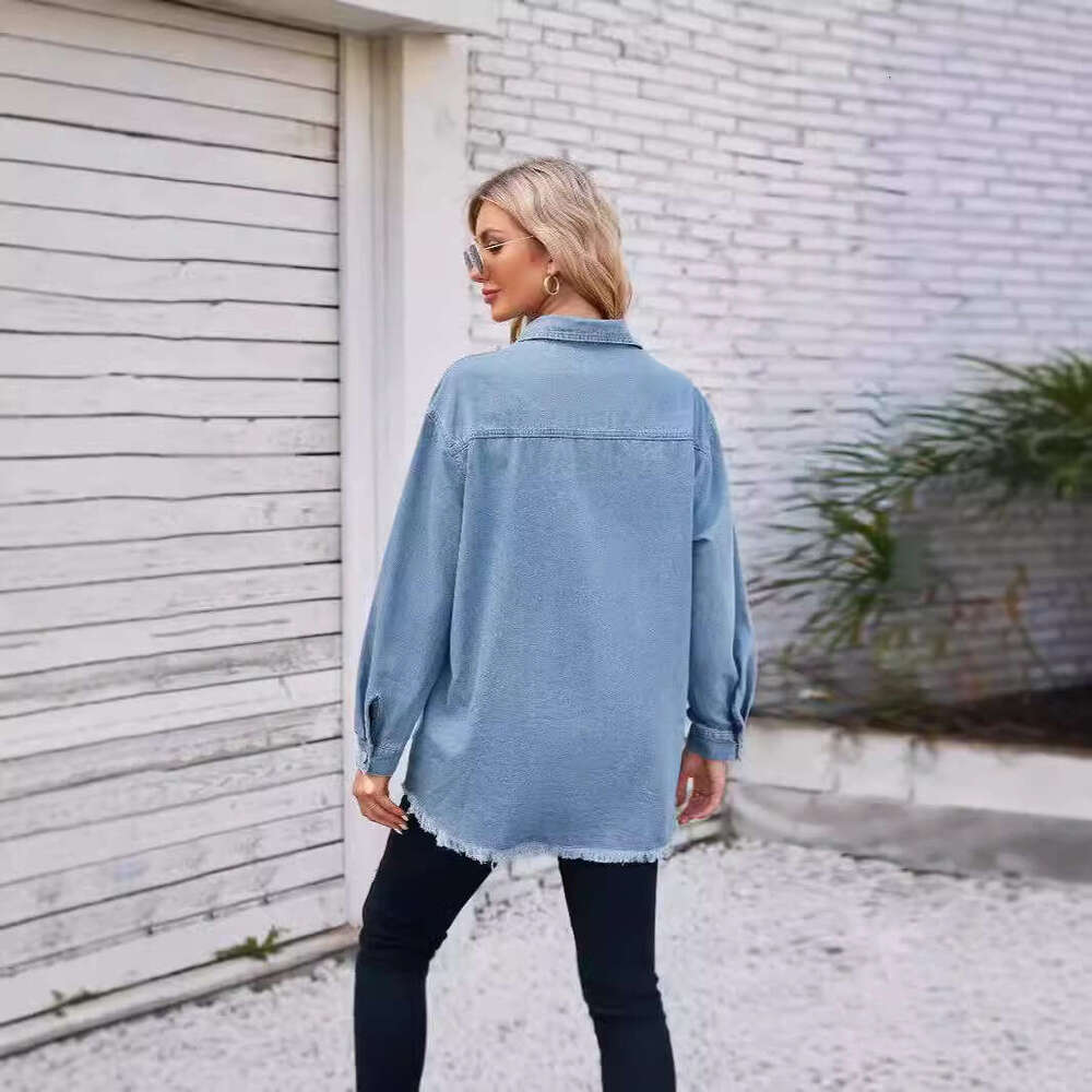 Washed Casual Solid Color Mid-Length Long Sleeve Pocket Denim Jacket For Women B5