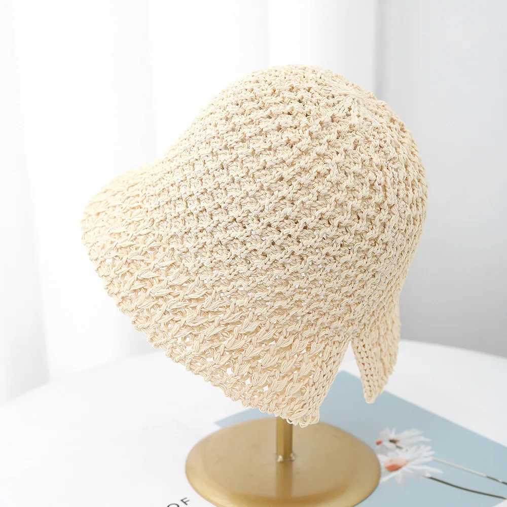 Korean Style Bucket Hat Women Summer Sun Protection Knitted Sun Hat Adjustable Foldable Beach Cap For Travel Spring Outdoor W250602