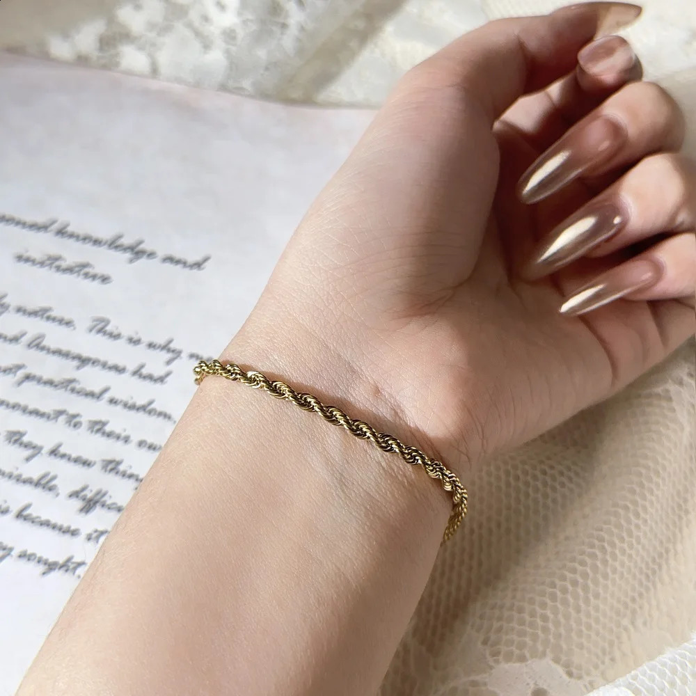 Stainless Steel Rope Chain Bracelet Women Bangle Gold Color Minimalist 3mm 4mm Hand Accessories Trend Hippie Jewelry Female C048 250528
