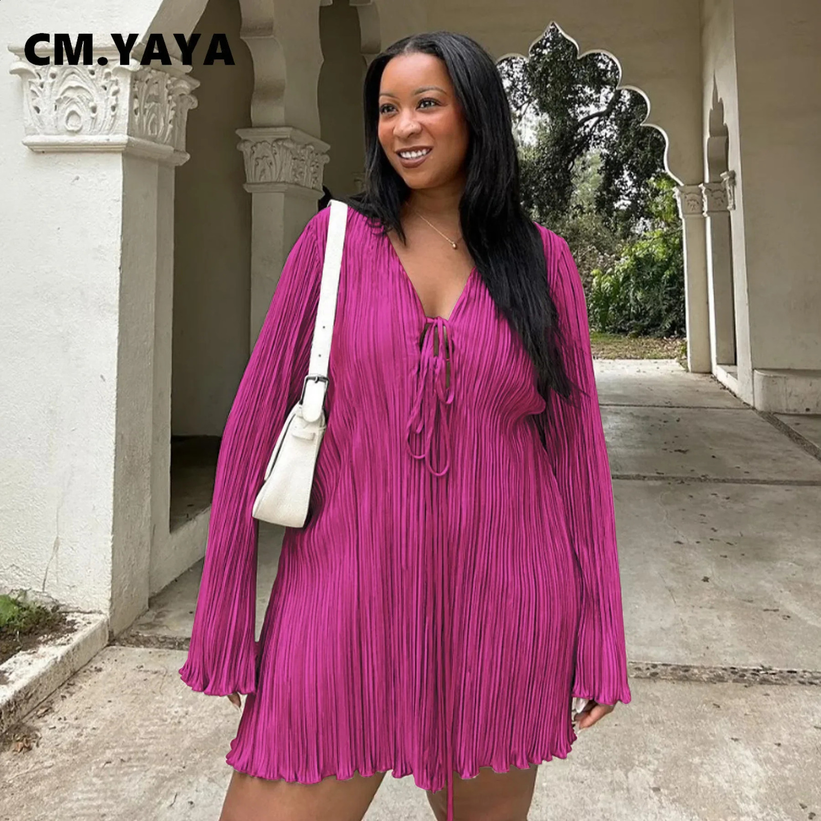 CMYAYA Long Sleeve Women Vneck Pleated Dress Casual Streetwear Plus Size Mini Dresses 2024 Autumn Slim Party 250526