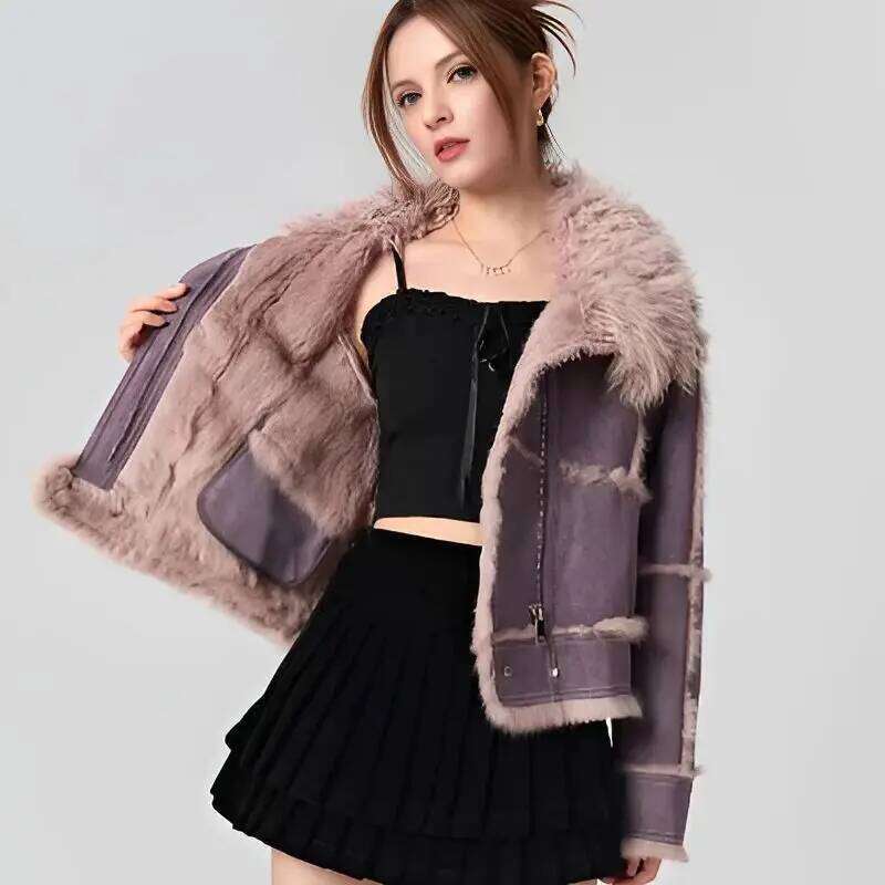 2024New Spring Women Retro Short Faux Leather Fur Coat Clothing Moto Biker Zipper Sheepskin Jacket Long Sleeved Down Collar