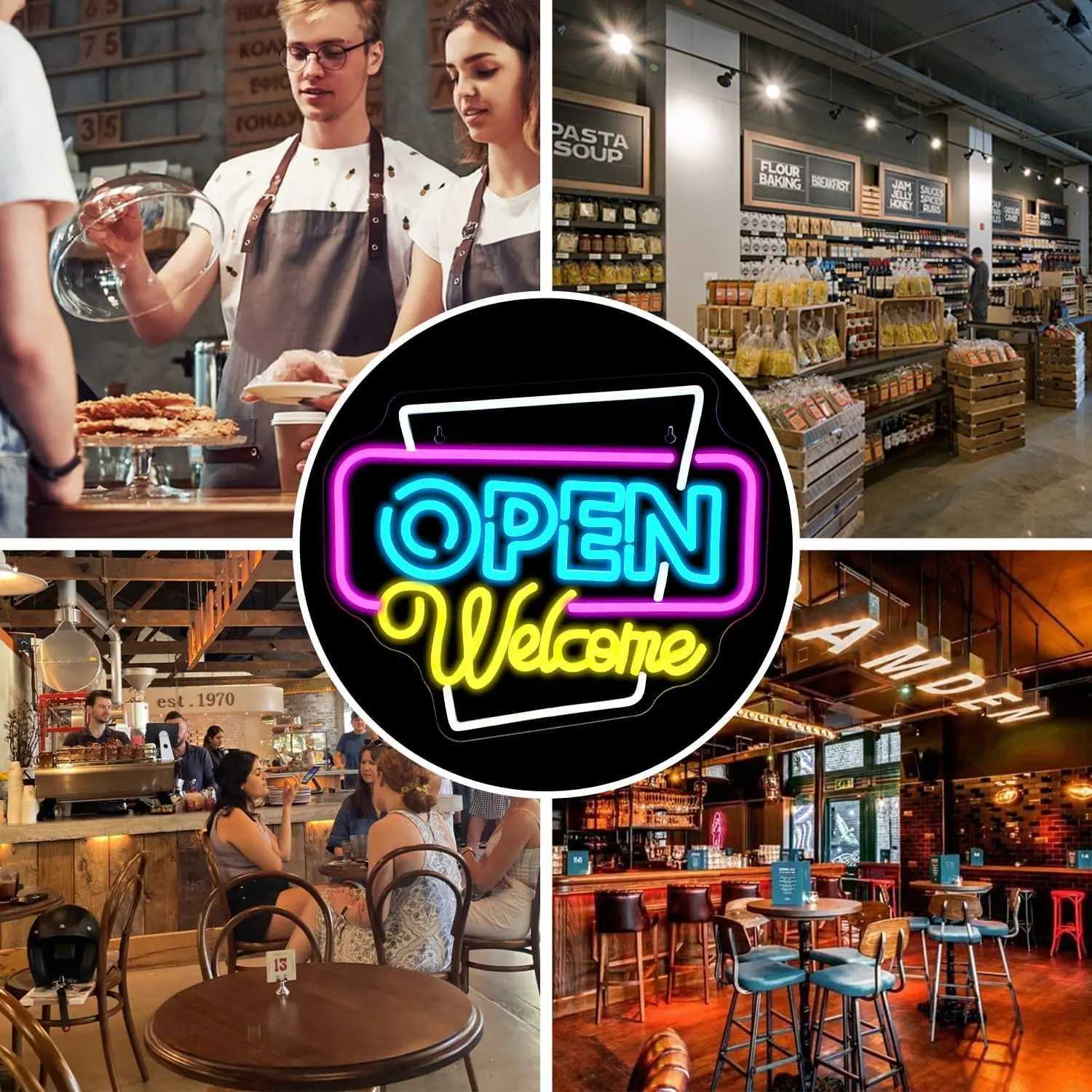 Open Welcome Neon Sign USB Dimmable LED Neon Light Sign for Business Store Window Party Bar Salon Coffee Shop Personalized Gift XJ250602