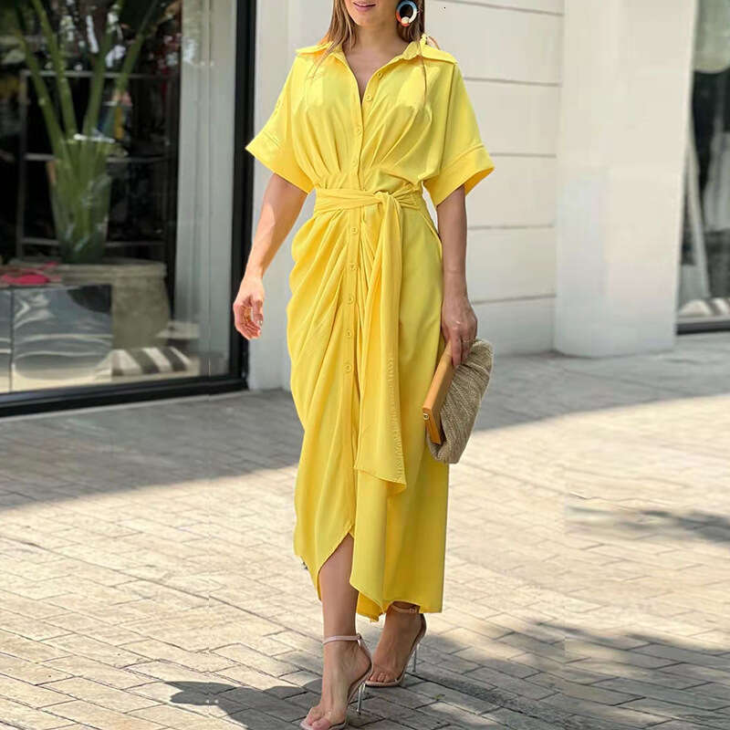 Summer Lace Up Waist Cinching Short Sleeved Single Breasted Solid Color Shirt European and American Dress Women's 2025 New Casual Fashion Trend C