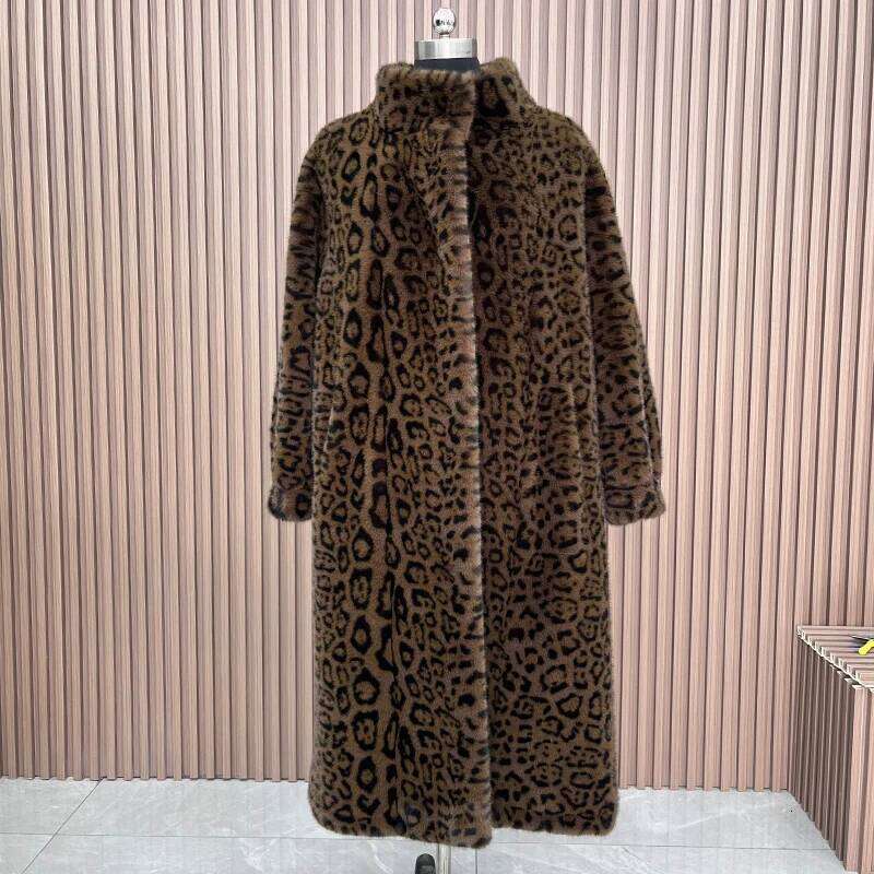 Winter Women Imitation Leopard Print Jackets Long Faux Fur Coat Fabric Thick Warm Outerwear Oversize Streetwear Coats