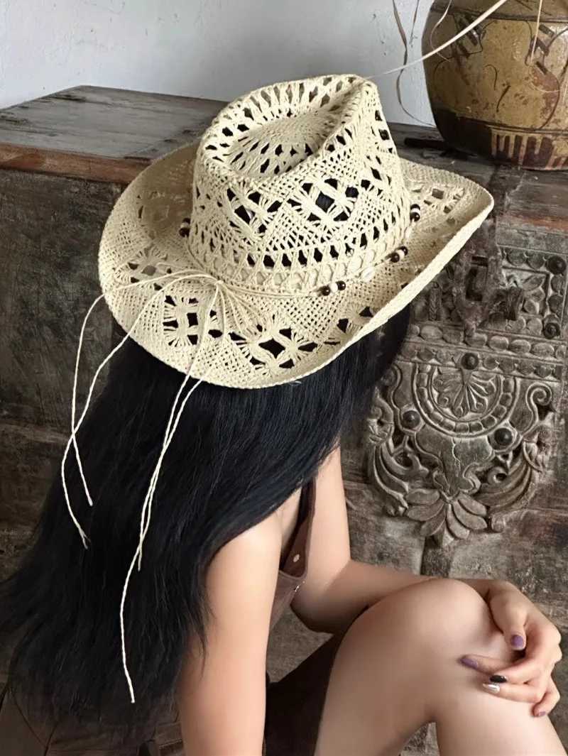 Summer with Shell Beach Hat Women Western Cowboy Hat Wide Brim Sunscreen Sun Hats for Outdoor Breathable Hand-Woven Straw Panama W250602