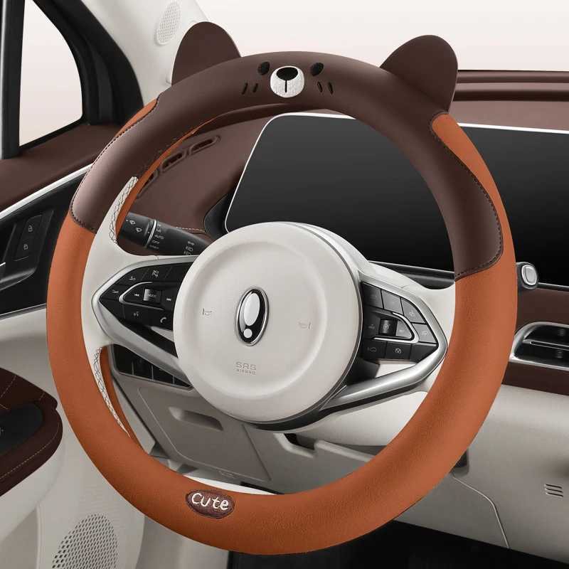 Cute Bear Car Steering Wheel Cover Suede Leather Combination Fits 14.5-15 Inch Steering Wheels All-Season Use R250603