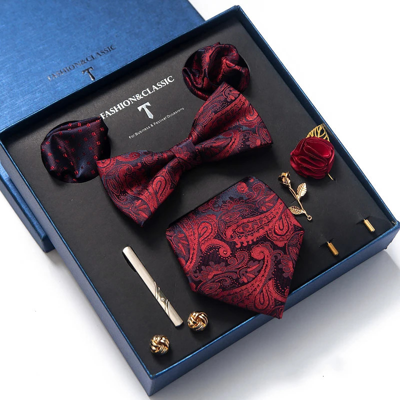 est Silk Tie Set Handkerchief Pocket Squares Cufflink Bow Tie Clip Necktie Set Bussiness Wedding Suit Gift Box 250530