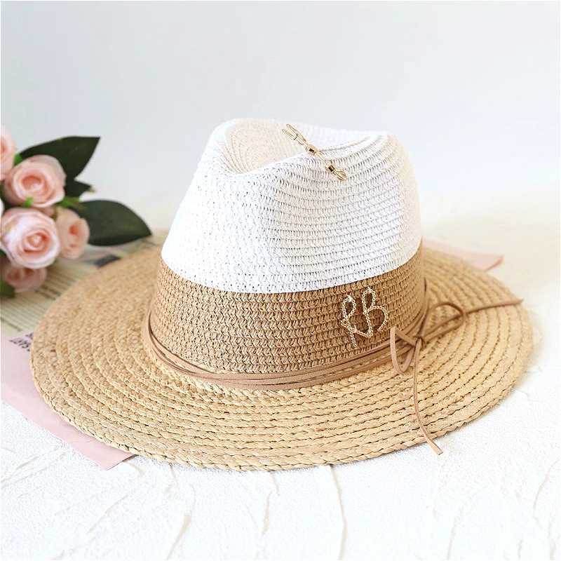 Summer Lafite Grass Spliced Fashion Sunshade Straw Hat Womens Wide Brim Jazz Beach Hat Holiday UV Protection Sunscreen Sun Hat W250602
