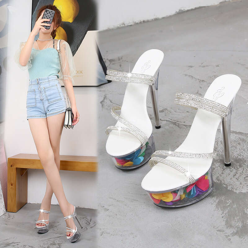 Super High Heels Sexy High Heels 13Cm 15Cm Rhinestone Strap Two-Way Thin Heel Waterproof Platform Sandals Transparent Crystal Wedding Shoes Platform H