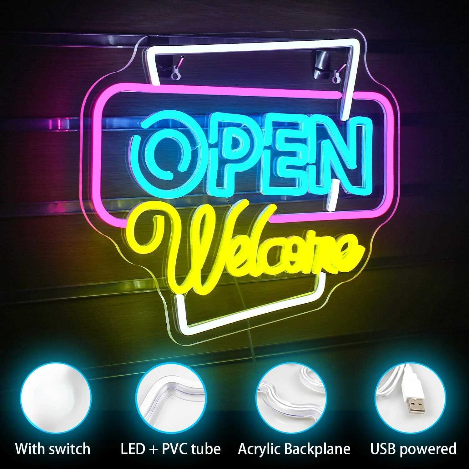 Open Welcome Neon Sign USB Dimmable LED Neon Light Sign for Business Store Window Party Bar Salon Coffee Shop Personalized Gift XJ250602