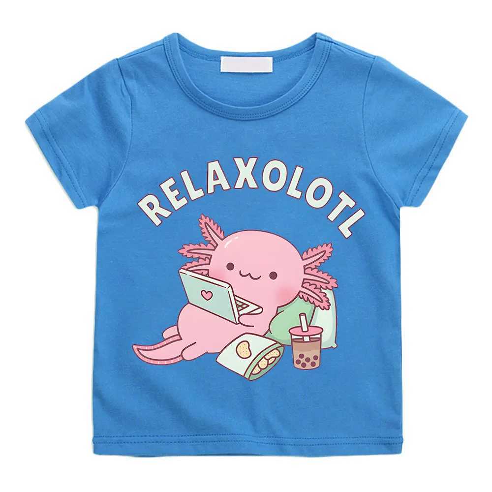 Cute Relax A Lot Axolotl Kids T-shirt Cartoon Funny Pun Graphic Clothes for Boys/Girls Cotton Short Sleeve Kids Summer Tops Tees T250603