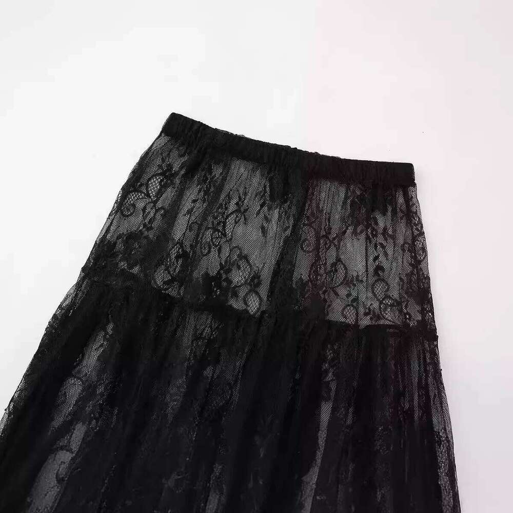Black Lace Mesh High Waist Midi Tulle Long Translucent Party Women's Sexy Skirt 2024