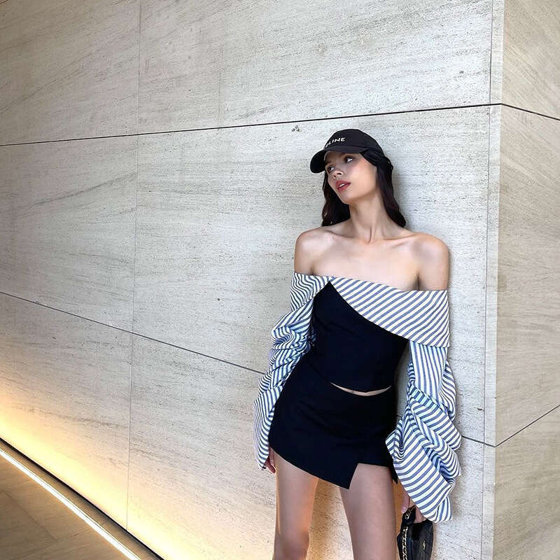 Women's Fashion Summer New Striped Color Block Off-Shoulder Slim Fit Long Sleeve Top B5