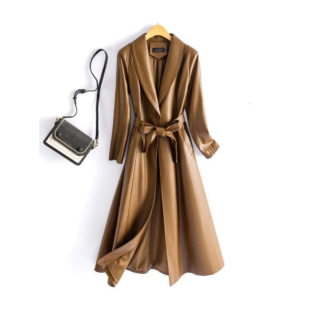 Sheepskin Long Trench Coats 2024 New Single-breasted Belt Pockets Chic Ladies Vintage Coffee Real Leather Jacket Outwear