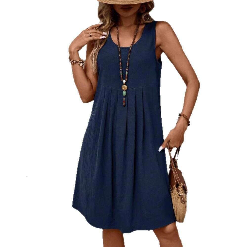 Spring Summer New Temu Sleeveless Round Neck Casual Solid Color Cotton Linen Women's Dress B5