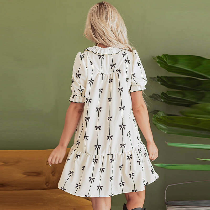Summer 2025 ruffled sleeve short skirt for women, cute European American style, bow print pullover dress, versatile and trendy new clothing ins