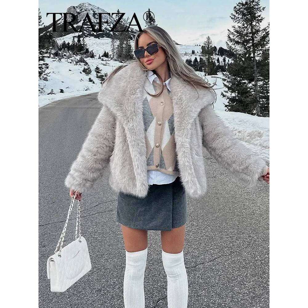 TRAFZA Winter Fashion Faux Fur Jacket for Woman Elegant Loose Long Sleeve Lapel Warm Coats Pocket Female Chic Open Front Outwear