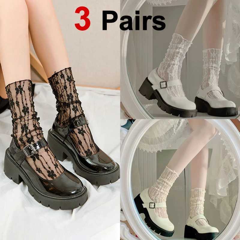 3 Pairs Women Floral Patterned Lace Round Neck Socks Fashionable Paired Summer Sweet Style Comfortable Breathable Casual SocksT250602