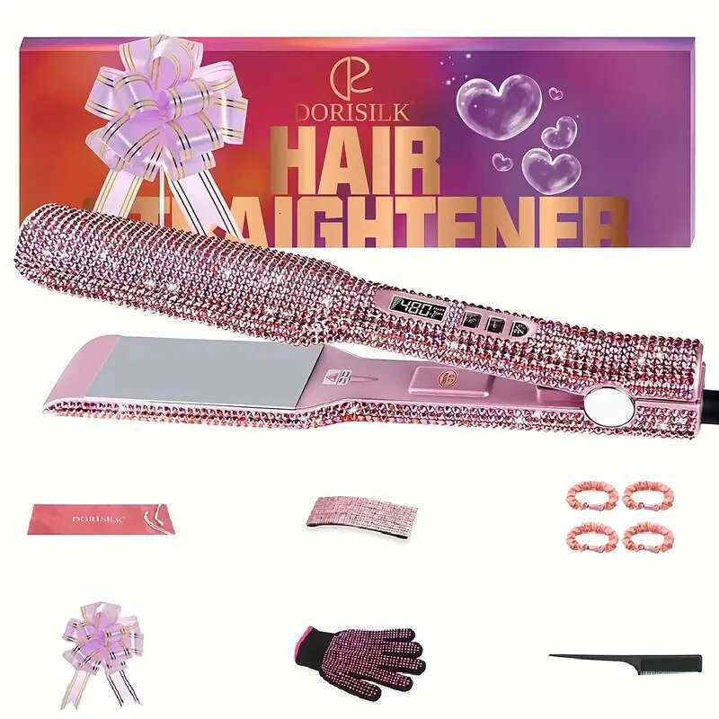 Rhinestone Flat Titanium Straightener Dual Voltage Iron Professional Hair Tools LCD Display 2 Inch Plate Irons