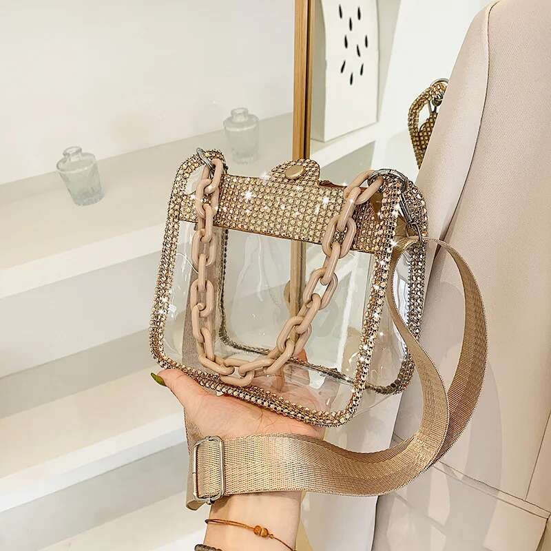 2025 New Transparent Slanted Shoulder Bag with Water Diamond Thick Chain Designer Women's Small Wallet and Handbag Fashion Jelly Summer Beach Han