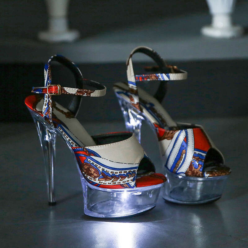 Super High Heels Nightclub Sexy Super High Heels Glowing 13Cm Transparent Waterproof Platform Stiletto Crystal Sandals Women Summer Shoes Platform Hig